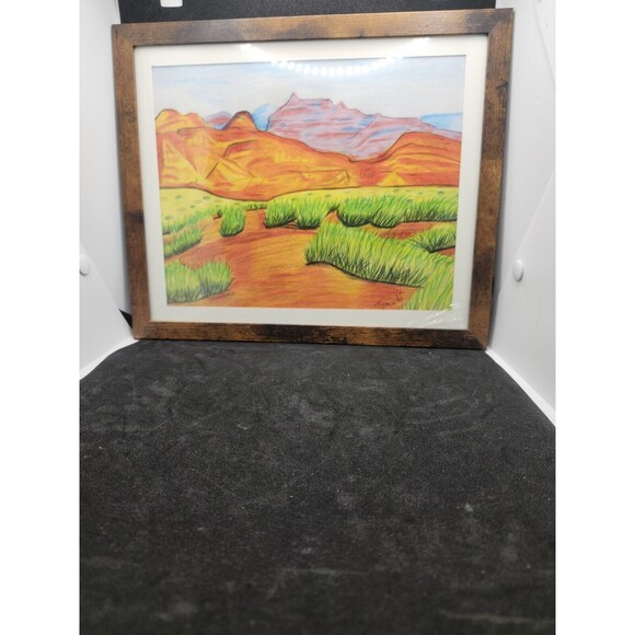 Hand Crafted Dessert Mountain Landscape Colored Pencil Drawing Framed 9x11" - Picture 1 of 16